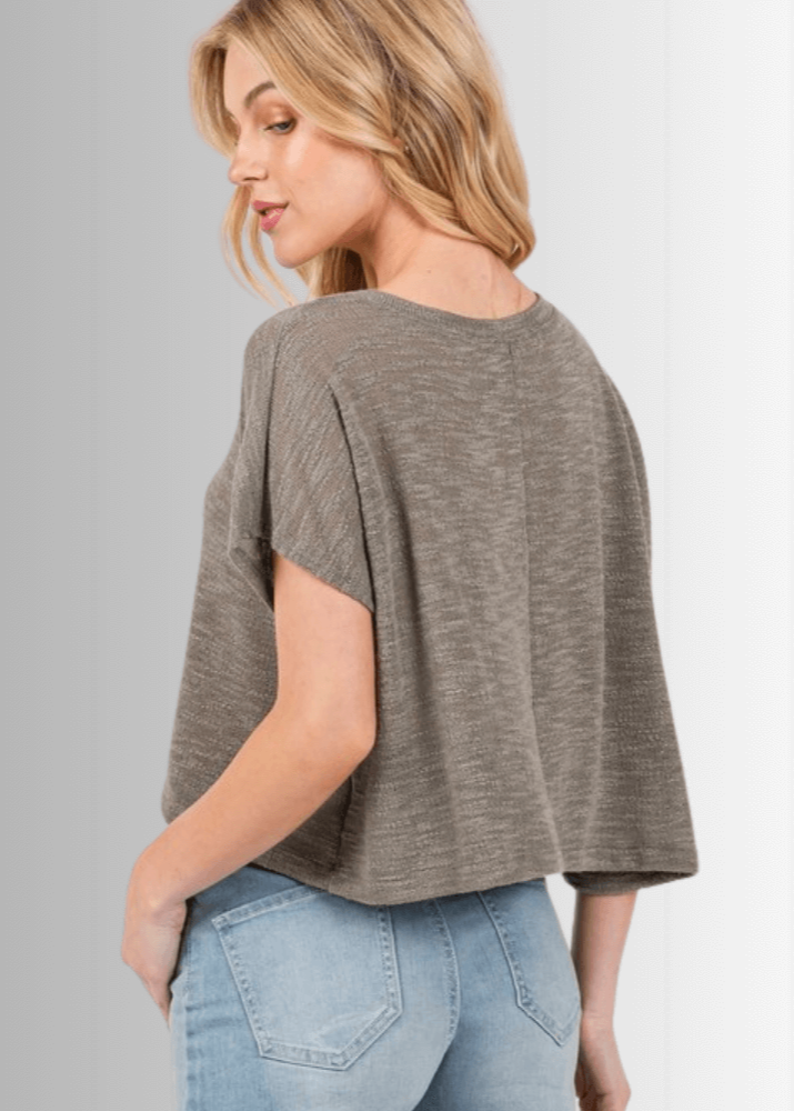 Made in USA Women's Loosely Woven Knit Boxy Top in Light Olive, Round Neck, Loose Fit, Shorter Waist Length, 68% Polyester 28% Rayon 4% Spandex  | Classy Cozy Cool Made in America Boutique