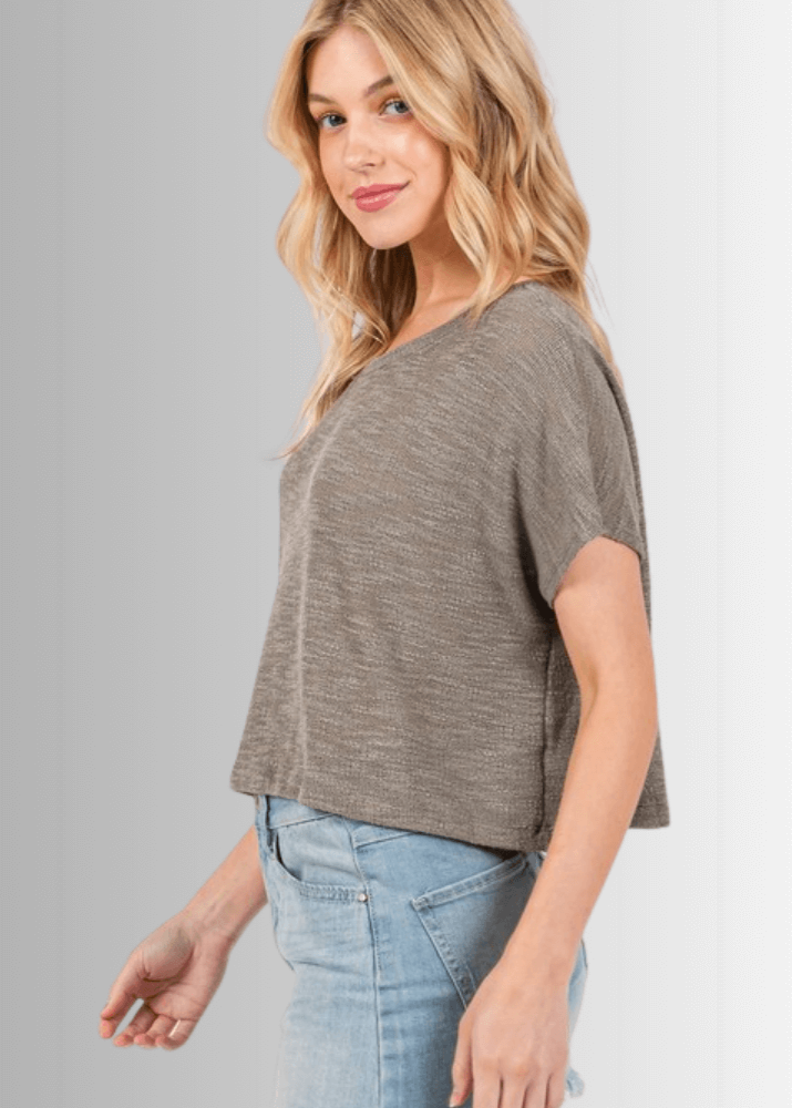 Made in USA Women's Loosely Woven Knit Boxy Top in Light Olive, Round Neck, Loose Fit, Shorter Waist Length, 68% Polyester 28% Rayon 4% Spandex  | Classy Cozy Cool Made in America Boutique