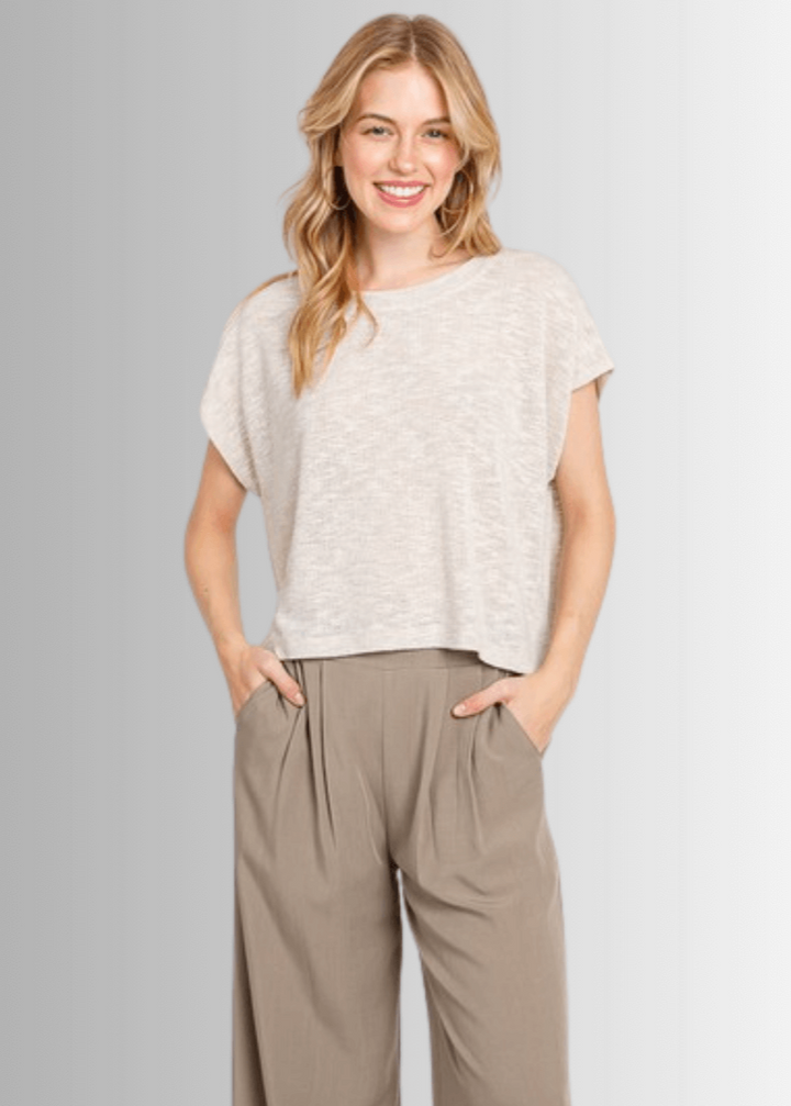 Made in USA Women's Loosely Woven Knit Boxy Top in Oatmeal, Round Neck, Loose Fit, Shorter Waist Length, 68% Polyester 28% Rayon 4% Spandex  | Classy Cozy Cool Made in America Boutique