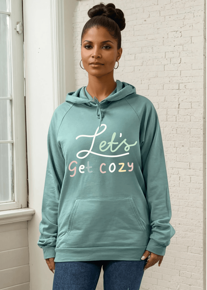 Experience unmatched comfort with this USA Made "Let's Get Cozy" Graphic Organic Cotton Pullover Hoodie in Arctic Blue. Crafted in the USA from 100% combed ring-spun organic cotton fleece