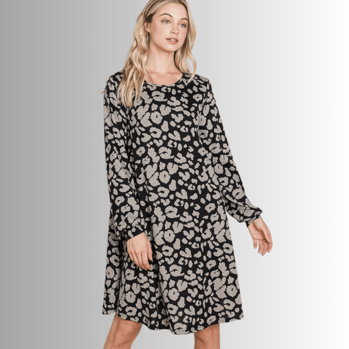 Made in USA Women's Long Sleeve Knee Length Cheetah Print A-Line Sweater Dress in Black & Taupe | Classy Cozy Cool Made in America Boutique
