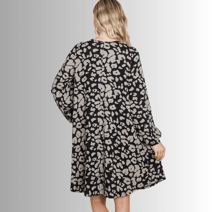 Made in USA Women's Long Sleeve Knee Length Cheetah Print A-Line Sweater Dress in Black & Taupe | Classy Cozy Cool Made in America Boutique