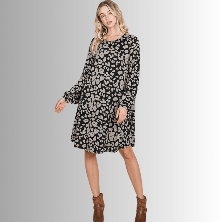 Made in USA Women's Long Sleeve Knee Length Cheetah Print A-Line Sweater Dress in Black & Taupe | Classy Cozy Cool Made in America Boutique