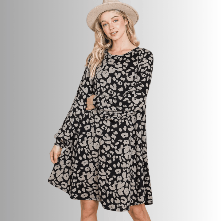 Made in USA Women's Long Sleeve Knee Length Cheetah Print A-Line Sweater Dress in Black & Taupe | Classy Cozy Cool Made in America Boutique