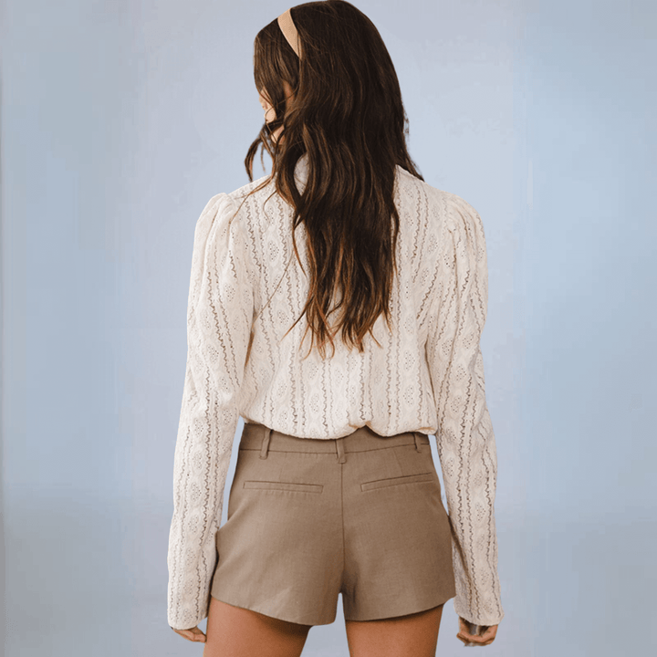 Bucket List Style T2214 | Women's Mock Neck Lace Top in Cream, Long Sleeves, Puff Sleeves, Stretch Lace Fabrication | Made in USA
