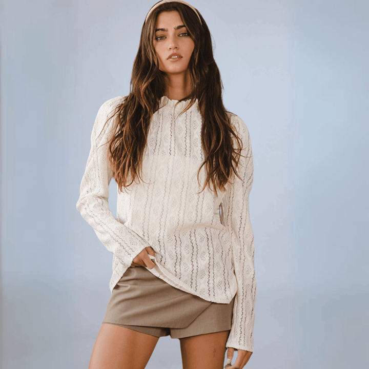 Bucket List Style T2214 | Women's Mock Neck Lace Top in Cream, Long Sleeves, Puff Sleeves, Stretch Lace Fabrication | Made in USA