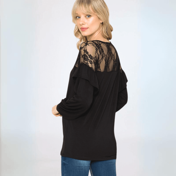 Made in USA Women's Relaxed Fit Black Lace Detail Soft Dressy Tunic Top with Lace Shoulder Detail, Drop Shoulder and Ruffled Bubbles Sleeve | Classy Cozy Cool Made in America Boutique