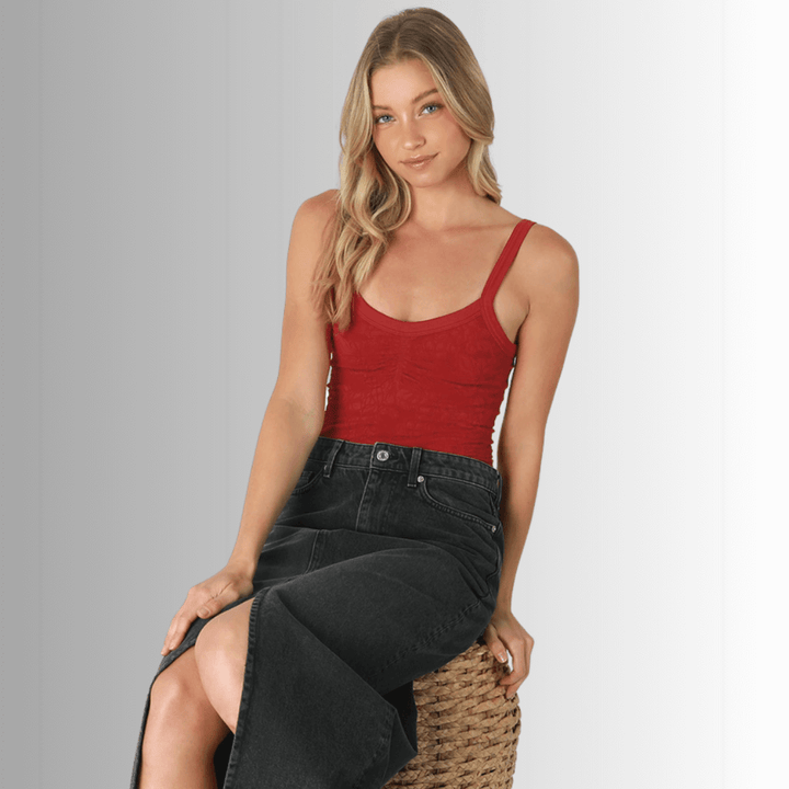 Nikibiki Style NS8318 Women's Lace V-Neck Tank Top  with Built in Shelf Bra Layer in Scarlet Red  | Made in USA | Classy Cozy Cool Made in America Boutique