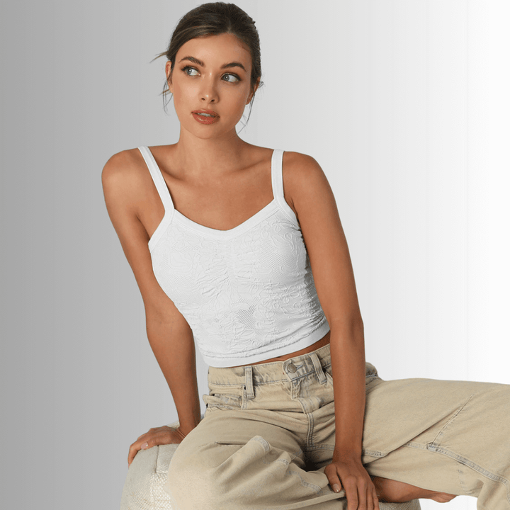 Nikibiki Style NS8318 Women's Lace V-Neck Tank Top  with Built in Shelf Bra Layer in White | Made in USA | Classy Cozy Cool Made in America Boutique
