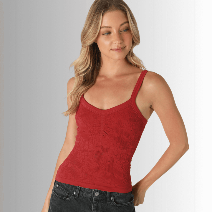 Nikibiki Style NS8318 Women's Lace V-Neck Tank Top  with Built in Shelf Bra Layer in Scarlet Red  | Made in USA | Classy Cozy Cool Made in America Boutique