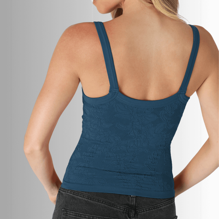 Nikibiki Style NS8318 Women's Lace V-Neck Tank Top  with Built in Shelf Bra Layer in Blue Opal  | Made in USA | Classy Cozy Cool Made in America Boutique