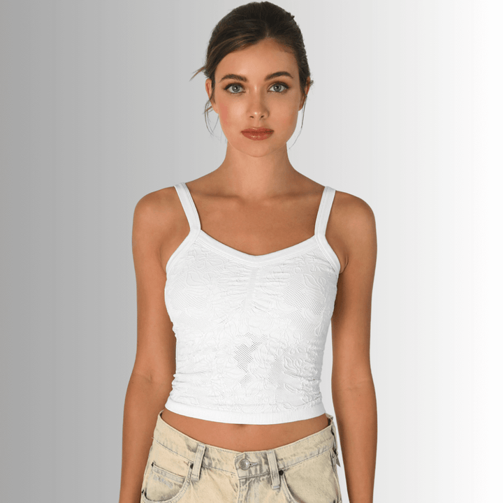 Nikibiki Style NS8318 Women's Lace V-Neck Tank Top  with Built in Shelf Bra Layer in White | Made in USA | Classy Cozy Cool Made in America Boutique