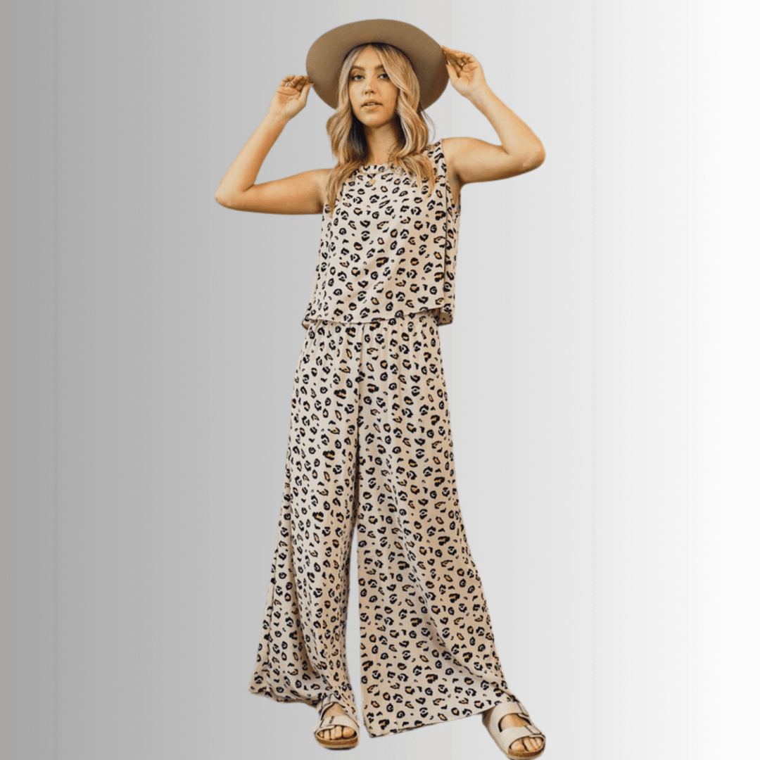 USA Made Animal Print crop muscle top and palazzo pants 2 piece set by Phil Love in Mint or Beige | Classy Cozy Cool Women's Made in America Boutique
