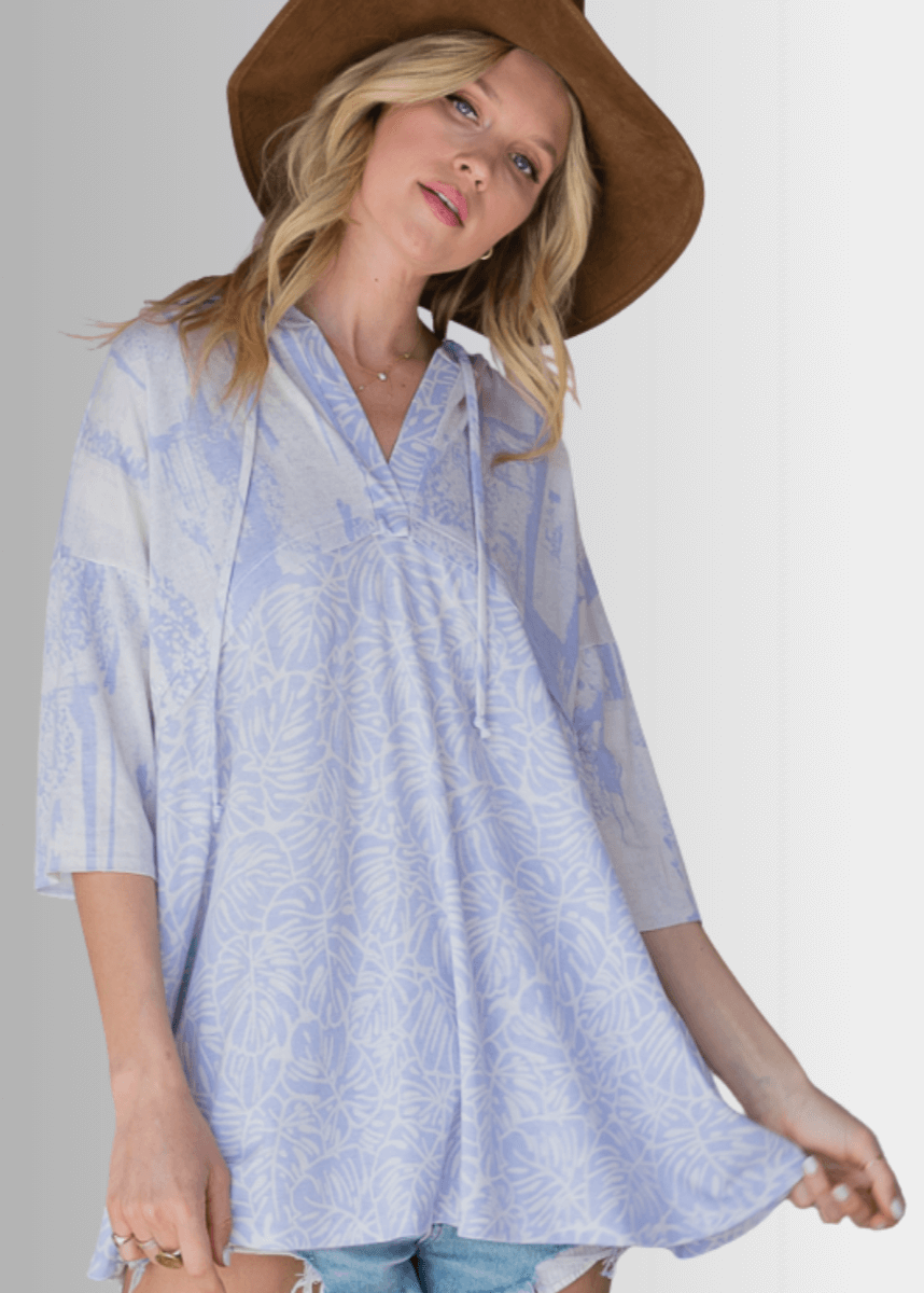 Made in USA Women's V-neck Tropical Leaf Print Hoodie Tunic, Half Sleeves, Soft Durable Material, Colors: Blue Indigo and White, Relaxed Fit | Bucket List Style T1101A