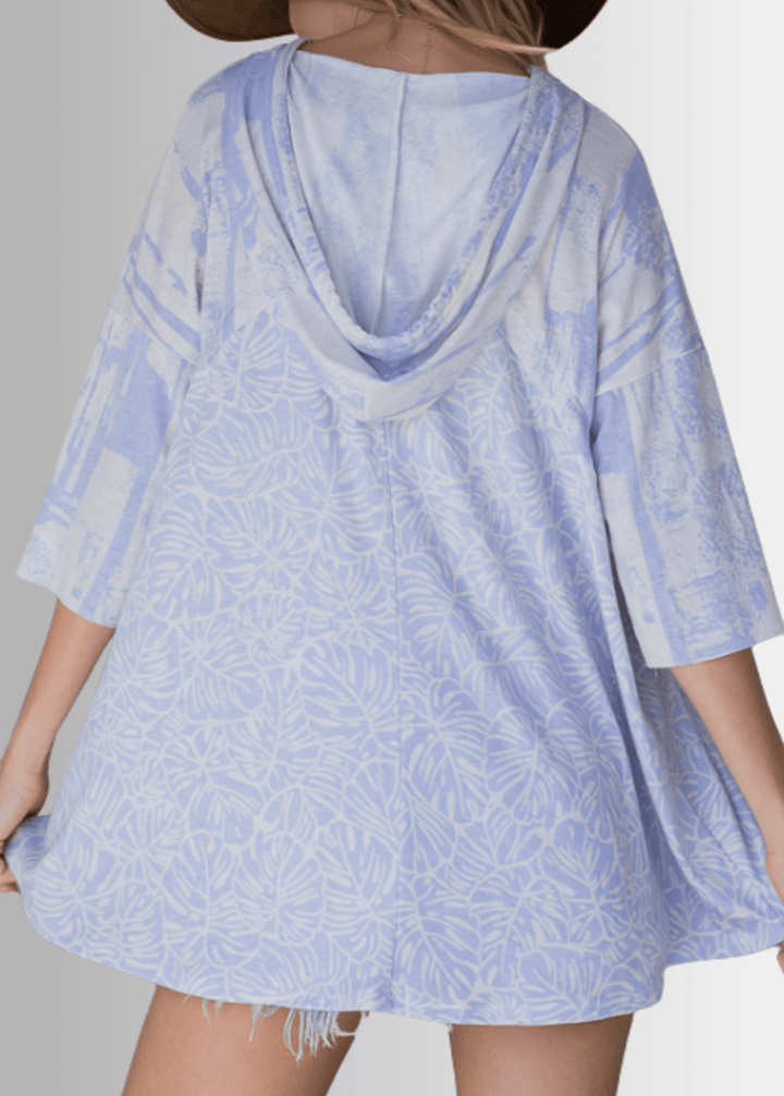 Made in USA Women's V-neck Tropical Leaf Print Hoodie Tunic, Half Sleeves, Soft Durable Material, Colors: Blue Indigo and White, Relaxed Fit | Bucket List Style T1101A