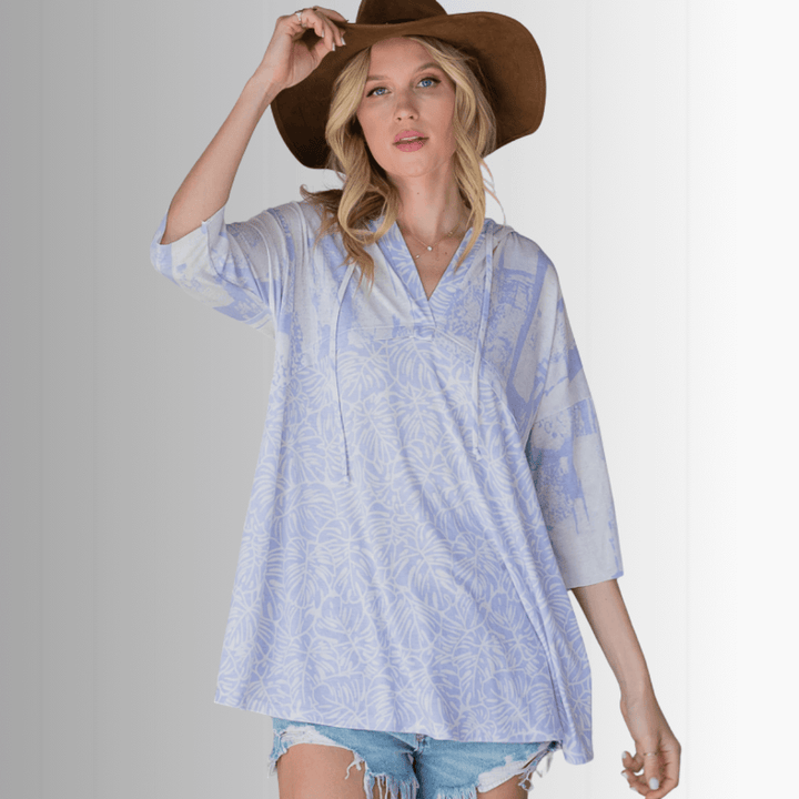 Made in USA Women's V-neck Tropical Leaf Print Hoodie Tunic, Half Sleeves, Soft Durable Material, Colors: Blue Indigo and White, Relaxed Fit | Bucket List Style T1101A