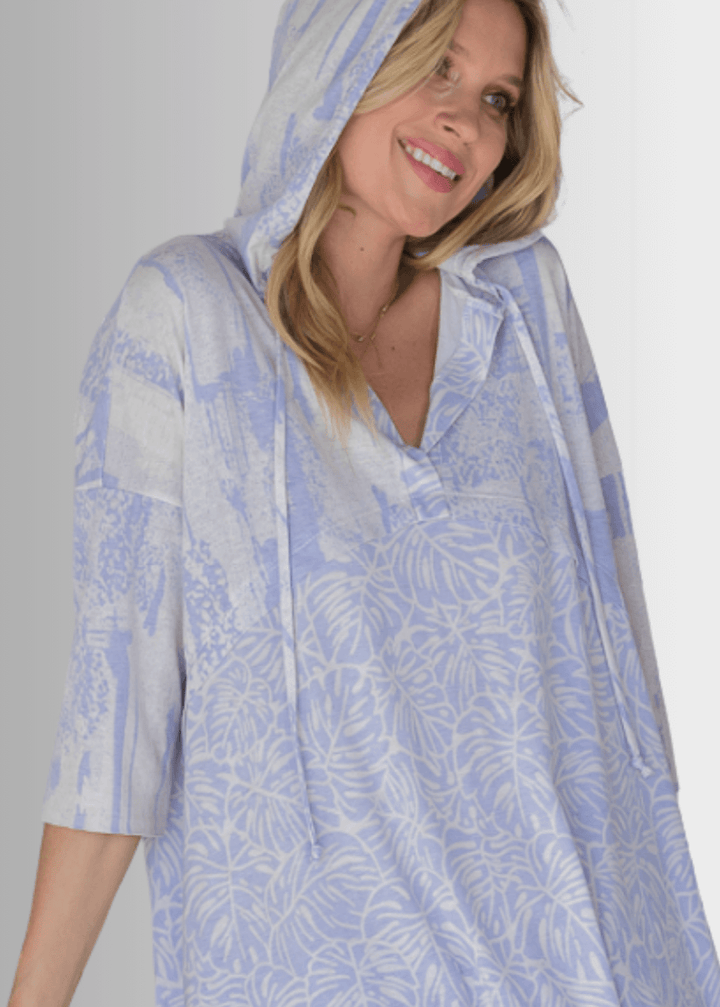 Made in USA Women's V-neck Tropical Leaf Print Hoodie Tunic, Half Sleeves, Soft Durable Material, Colors: Blue Indigo and White, Relaxed Fit | Bucket List Style T1101A