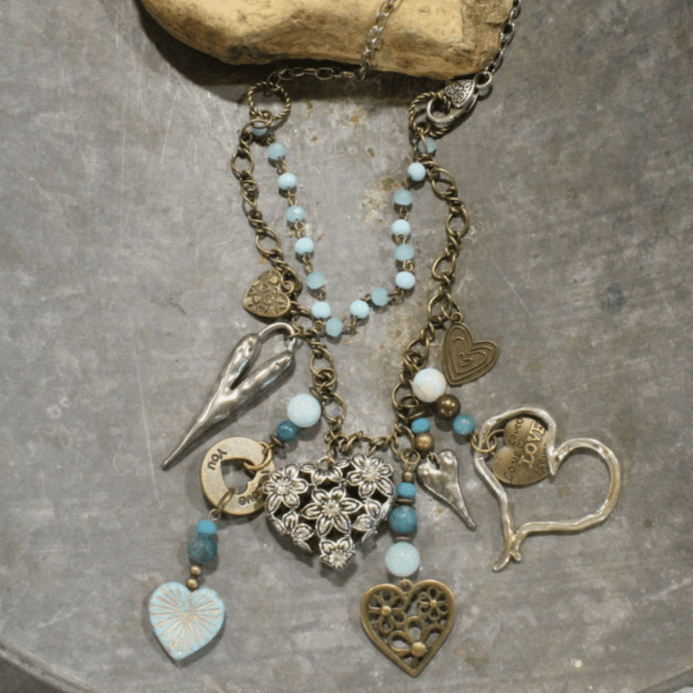 Natural Stone Jewelry Designed and Made in USA, Unique One-of-a-kind Vintage Inspired Heart Pendants Light Aquamarine Double Layered Statement Necklace