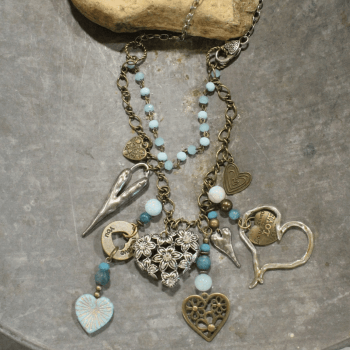Natural Stone Jewelry Designed and Made in USA, Unique One-of-a-kind Vintage Inspired Heart Pendants Light Aquamarine Double Layered Statement Necklace