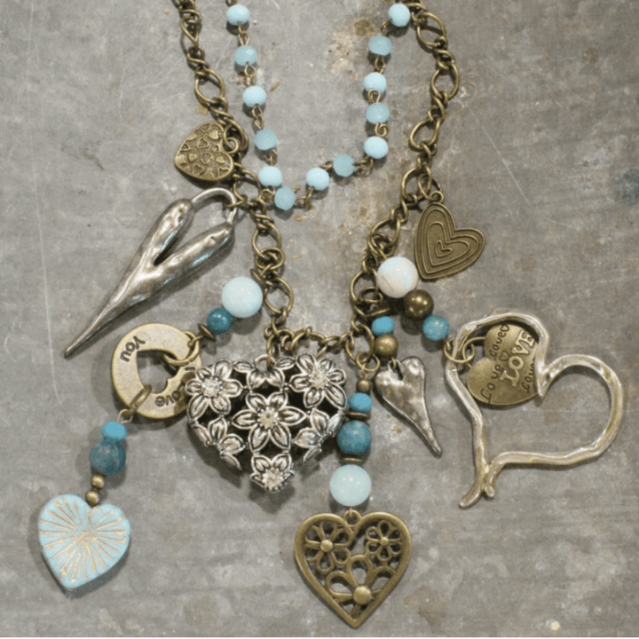 Natural Stone Jewelry Designed and Made in USA, Unique One-of-a-kind Vintage Inspired Heart Pendants Light Aquamarine Double Layered Statement Necklace