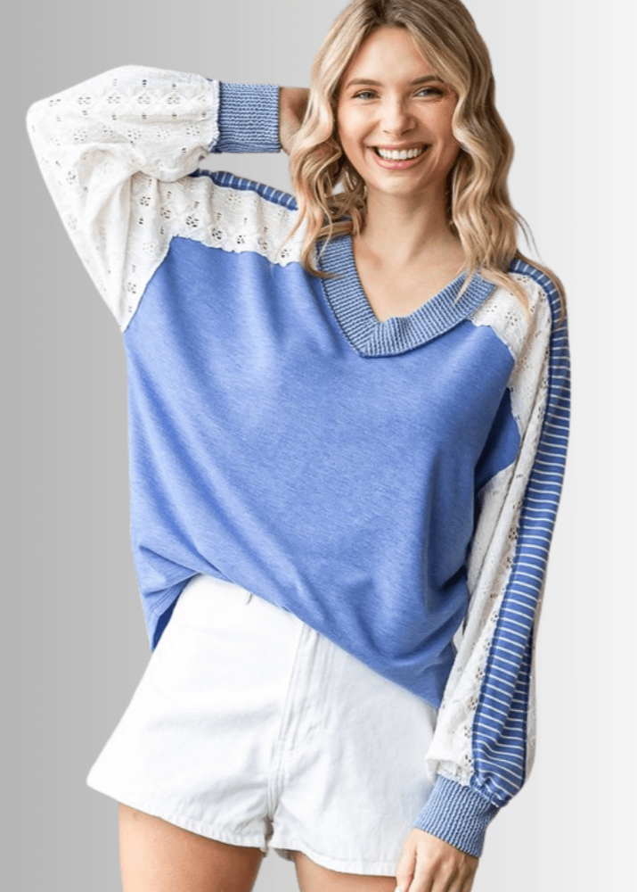 Made in USA Multi Fabric V-Neck Top, Lace and Ribbed Detail, Curved Hem, Long Sleeves, Relaxed Fit, Available Colors: Blue and Beige Style T5849 | Classy Cozy Cool Made in America Boutique