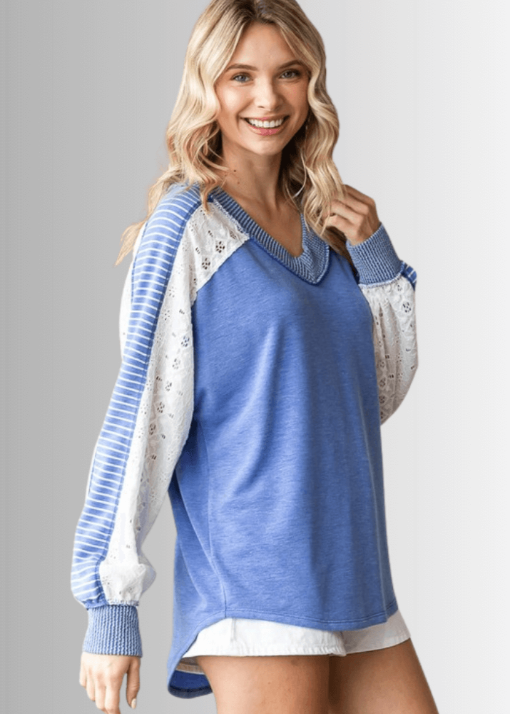 Made in USA Multi Fabric V-Neck Top, Lace and Ribbed Detail, Curved Hem, Long Sleeves, Relaxed Fit, Available Colors: Blue and Beige Style T5849 | Classy Cozy Cool Made in America Boutique