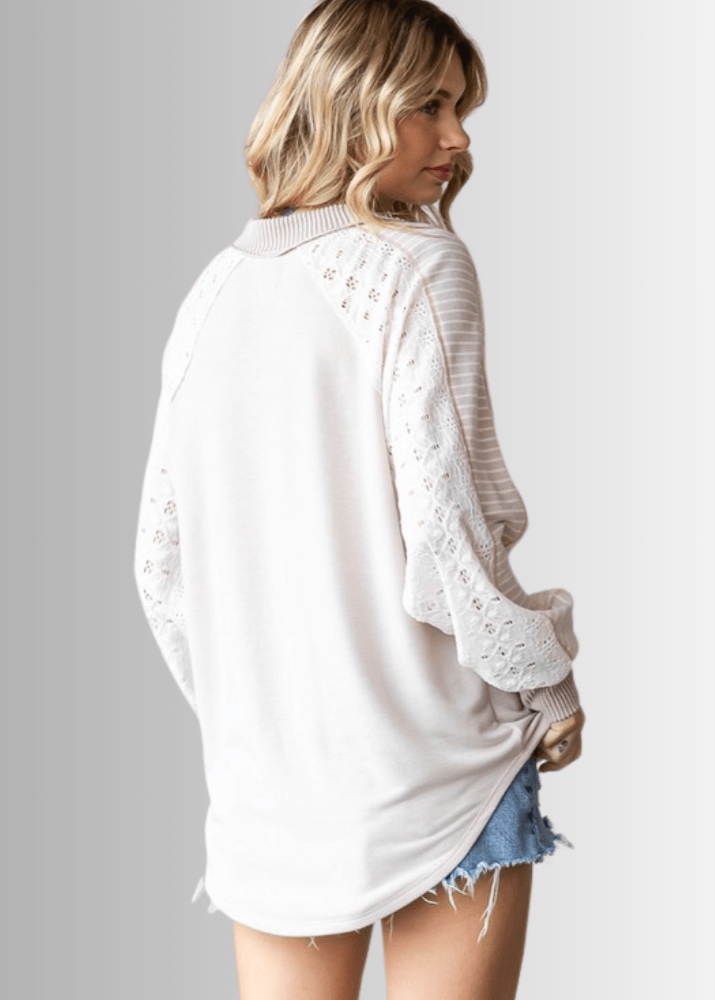 Made in USA Multi Fabric V-Neck Top, Lace and Ribbed Detail, Curved Hem, Long Sleeves, Relaxed Fit, Available Colors: Blue and Beige Style T5849 | Classy Cozy Cool Made in America Boutique