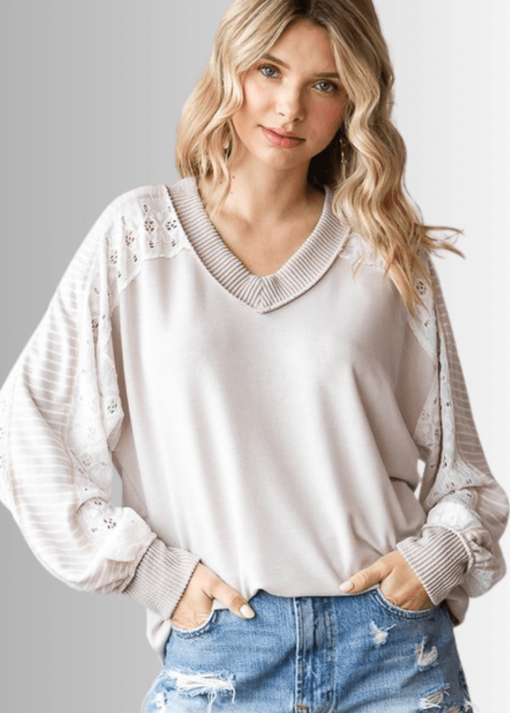Made in USA Multi Fabric V-Neck Top, Lace and Ribbed Detail, Curved Hem, Long Sleeves, Relaxed Fit, Available Colors: Blue and Beige Style T5849 | Classy Cozy Cool Made in America Boutique