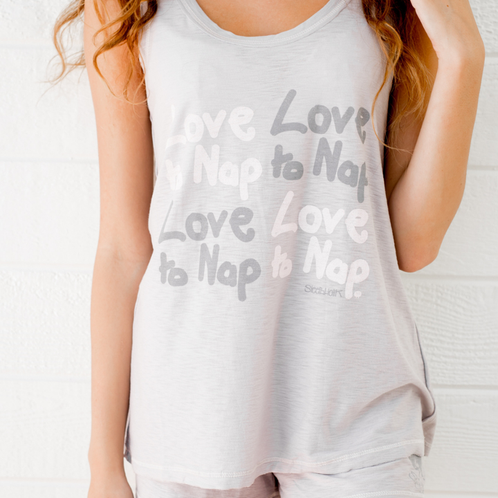 Sleepaholik "Love to Nap" Graphic Ladies Lounge Tank Top Made in USA with Fabric that is Made in USA! | Classy Cozy Cool Women's Made in America Clothing Boutique