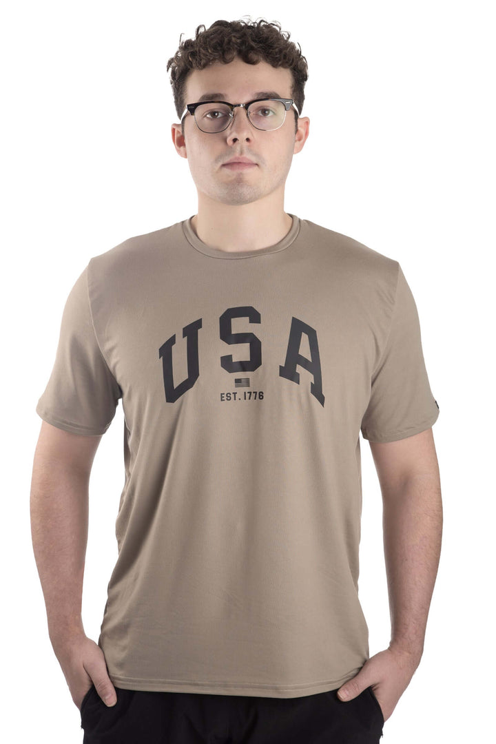 Made in USA. WSI Sportswear Men’s Patriotic USA Graphic SoftTECH™ Tee.  Lightweight, Moisture Wicking, in Dark Olive or Stone