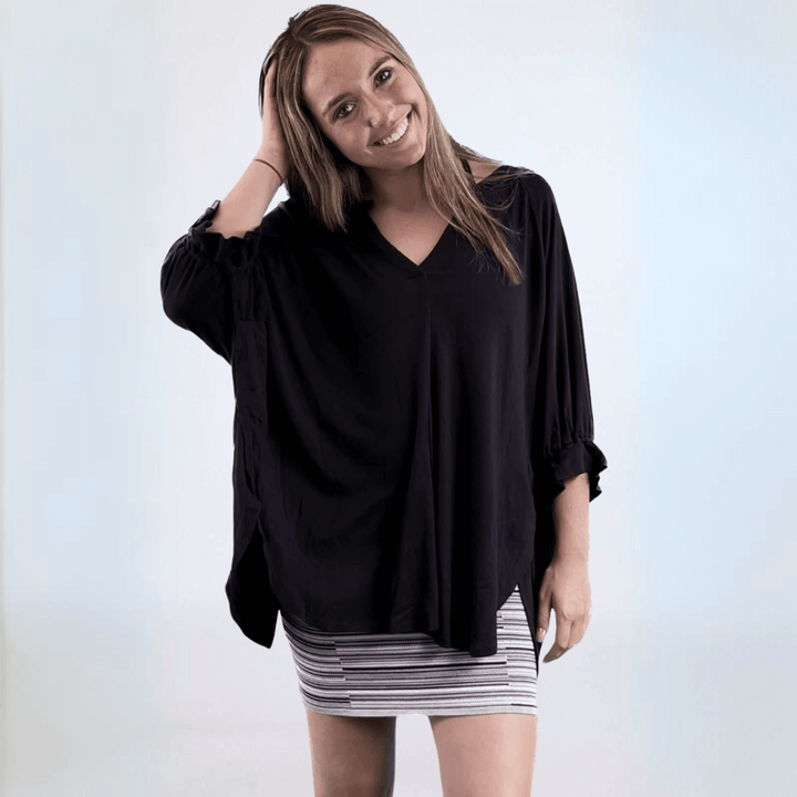 Women's Cotton/Modal Tulip Tie Back Loose Fit Top with V-Neckline and Ruched Sleeves in Black or Ivory | Made in USA