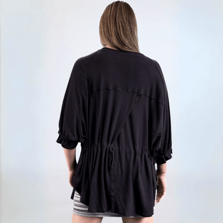 Women's Cotton/Modal Tulip Tie Back Loose Fit Top with V-Neckline and Ruched Sleeves in Black or Ivory | Made in USA