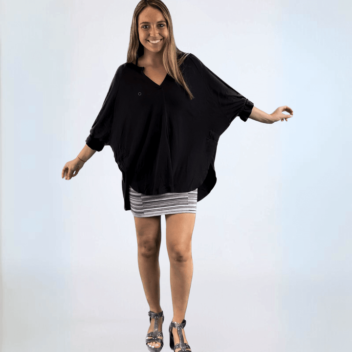 Women's Cotton/Modal Tulip Tie Back Loose Fit Top with V-Neckline and Ruched Sleeves in Black or Ivory | Made in USA