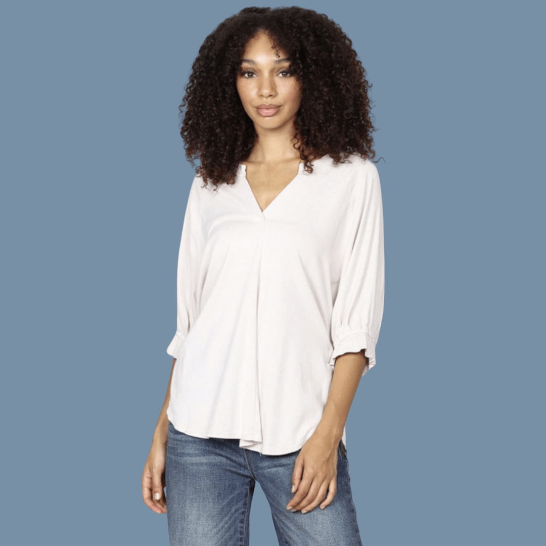Women's Cotton/Modal Tulip Tie Back Loose Fit Top with V-Neckline and Ruched Sleeves in Black or Ivory | Made in USA