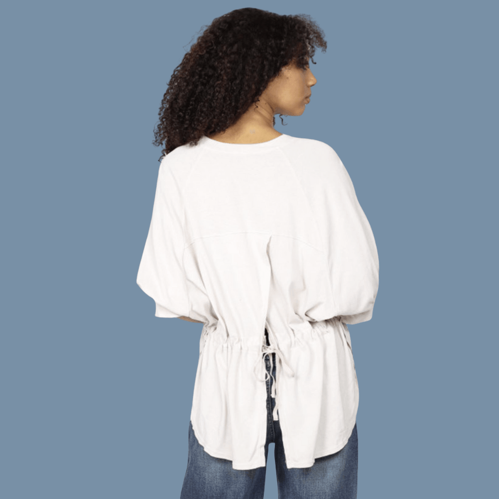 Women's Cotton/Modal Tulip Tie Back Loose Fit Top with V-Neckline and Ruched Sleeves in Black or Ivory | Made in USA