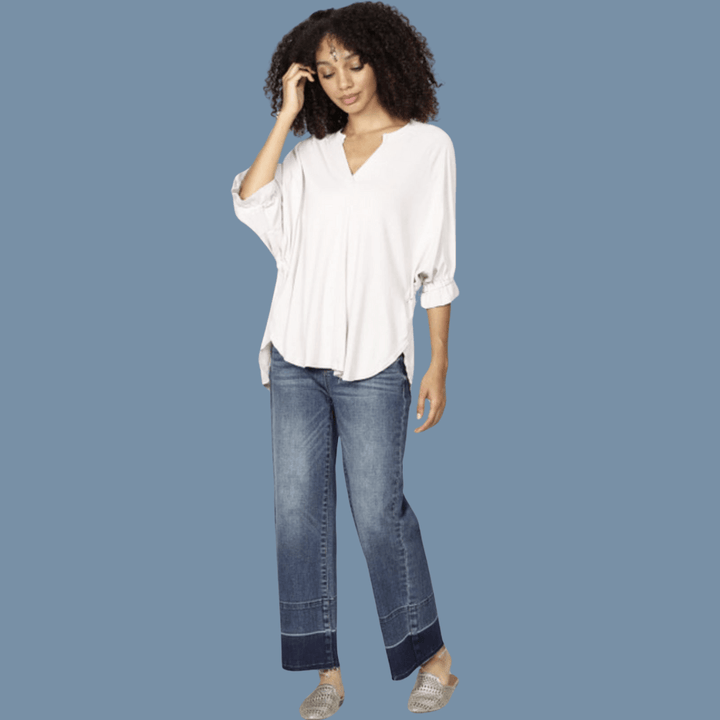 Women's Cotton/Modal Tulip Tie Back Loose Fit Top with V-Neckline and Ruched Sleeves in Black or Ivory | Made in USA