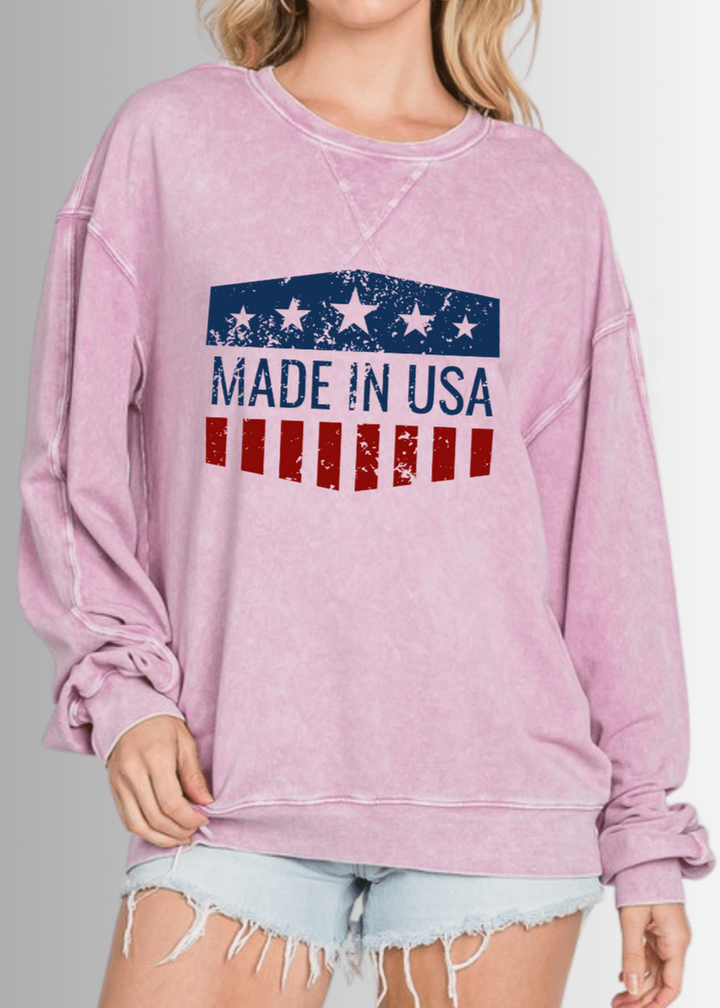 Made in USA Women' All American Oversized Cotton Mineral Washed Sweatshirt in Antique Rose Pink with Made in USA Graphic | Made with USA  Grown Cotton | Classy Cozy Cool Made in America Boutique