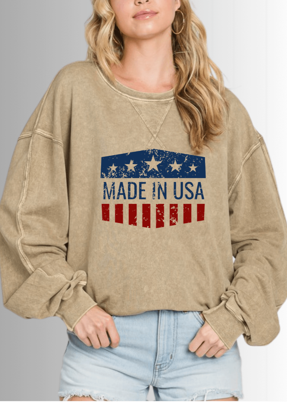 Made in USA Women' All American Oversized Cotton Mineral Washed Sweatshirt in Antique Mocha with Made in USA Graphic | Made with USA  Grown Cotton | Classy Cozy Cool Made in America Boutique
