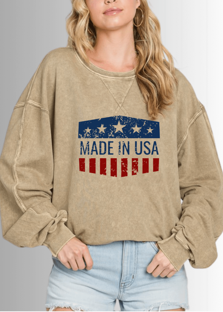 Made in USA Women' All American Oversized Cotton Mineral Washed Sweatshirt in Antique Mocha with Made in USA Graphic | Made with USA  Grown Cotton | Classy Cozy Cool Made in America Boutique