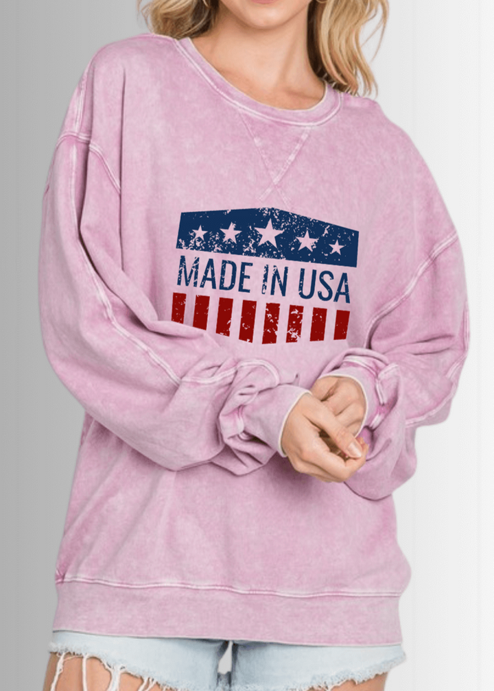 Made in USA Women' All American Oversized Cotton Mineral Washed Sweatshirt in Antique Rose Pink with Made in USA Graphic | Made with USA  Grown Cotton | Classy Cozy Cool Made in America Boutique
