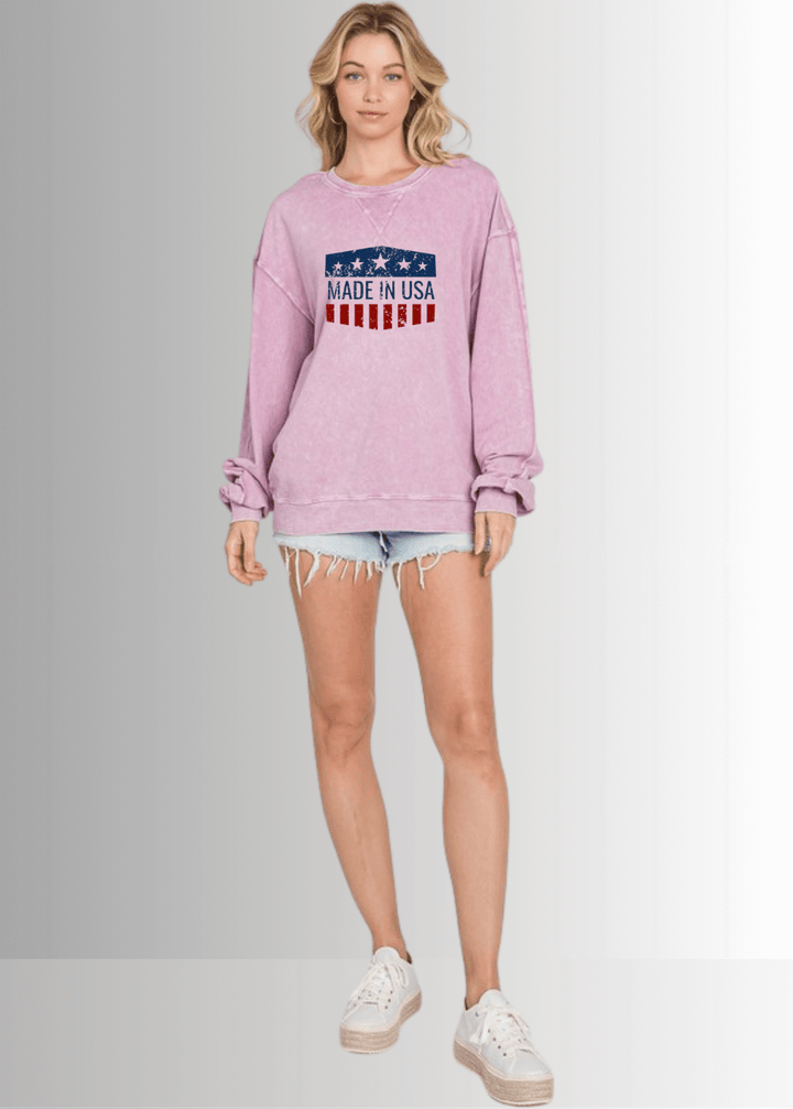 Made in USA Women' All American Oversized Cotton Mineral Washed Sweatshirt in Antique Rose Pink with Made in USA Graphic | Made with USA  Grown Cotton | Classy Cozy Cool Made in America Boutique