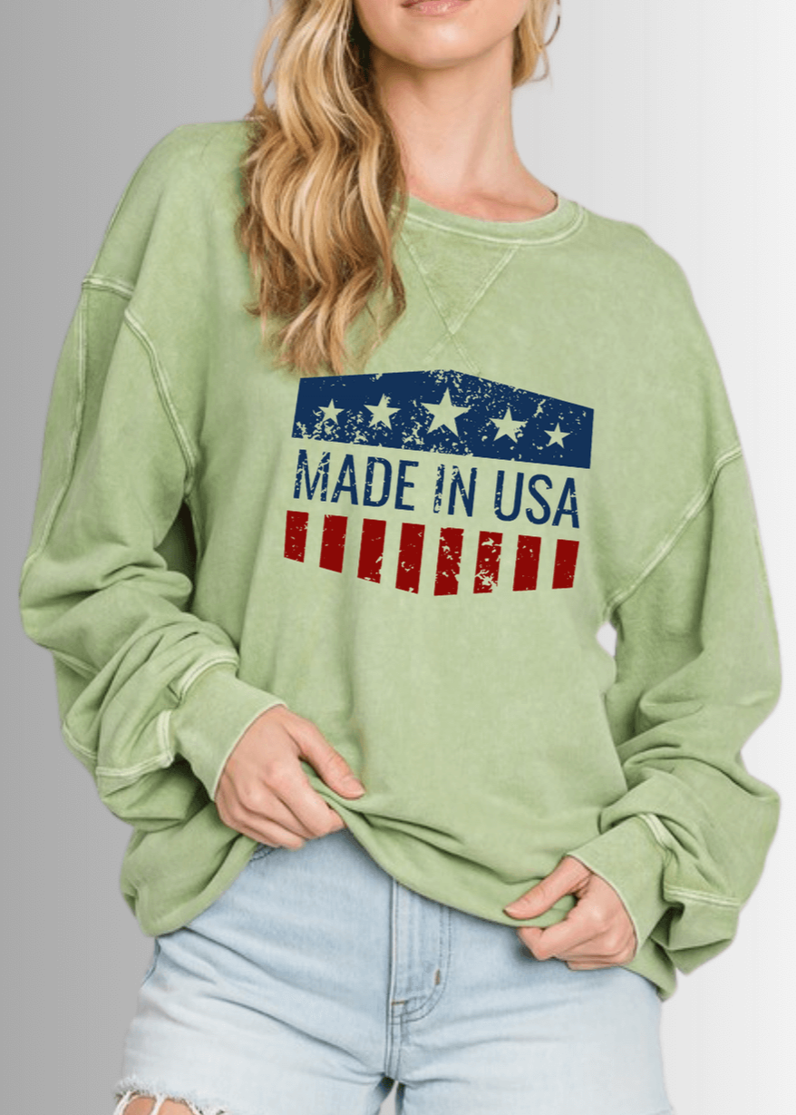 Made in USA Women' All American Oversized Cotton Mineral Washed Sweatshirt in Antique Sage with Made in USA Graphic | Made with USA  Grown Cotton | Classy Cozy Cool Made in America Boutique