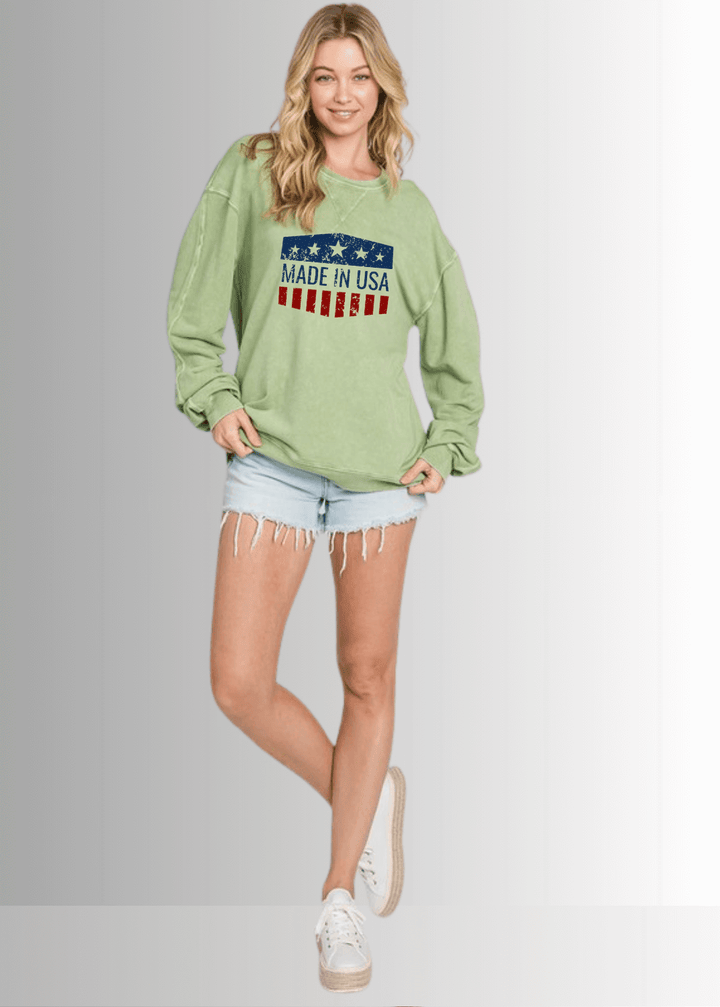 Made in USA Women' All American Oversized Cotton Mineral Washed Sweatshirt in Antique Sage with Made in USA Graphic | Made with USA  Grown Cotton | Classy Cozy Cool Made in America Boutique