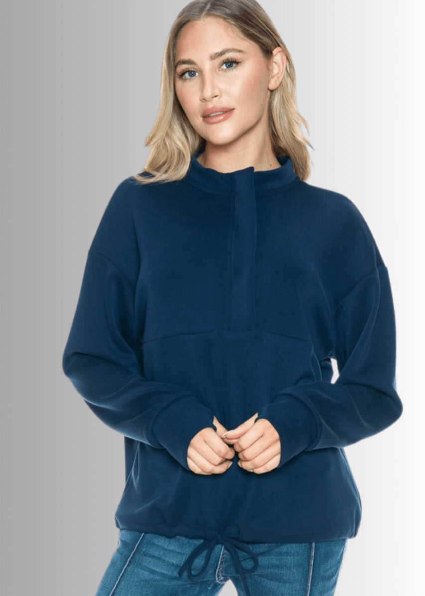 Made in USA Women's Relaxed Fit Navy Blue Dreamy Soft Quarter Zip Pullover Sweatshirt, Thumbhole Cuffs, Drawstring Waist, Soft Scuba Fabric