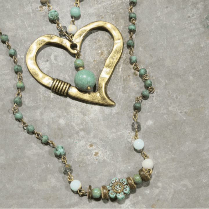 Natural Stone Jewelry Designed and Made in USA, Unique One-of-a-kind Vintage Inspired Heart Beaded Pendant Light Aquamarine & Mint Double Layered Statement Necklace