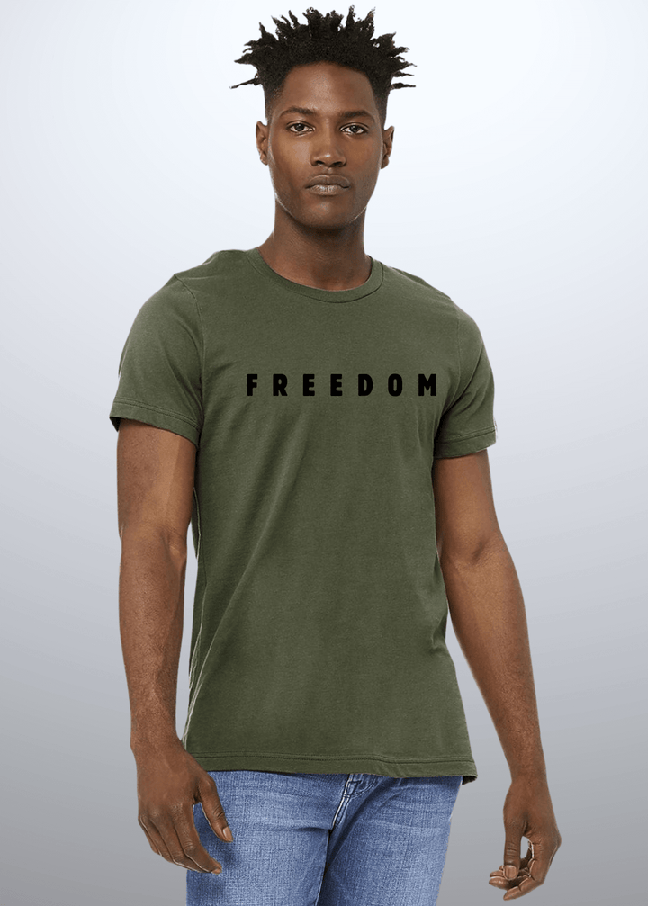 Made in USA Men's FREEDOM Patriotic Cotton T-Shirt, Crew Neck, Short Sleeves, Available in Black, Army Green and Navy