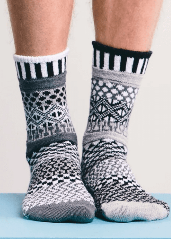 USA Made Socks Solmate MIDNIGHT Black & White Knitted Crew Socks | Made In USA | Delightfully Mismatched & so Very Comfortable. Classy Cozy Cool Women's Boutique.