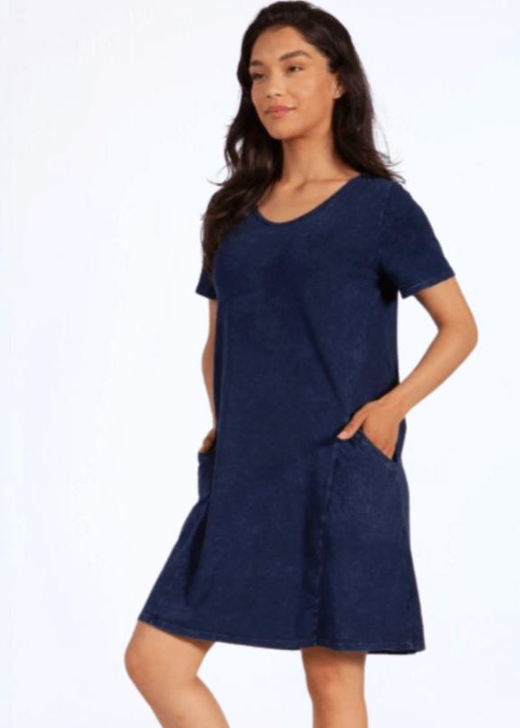 Made in USA Ladies Mineral Washed Casual Cotton V-Neck Short Sleeve Above the Knee Length Dress with Pockets | Style# C60596 | Classy Cozy Cool Women's Made in America Boutique