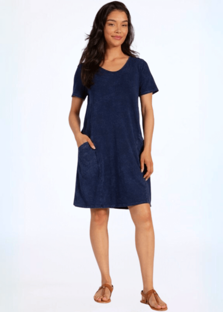 Made in USA Ladies Mineral Washed Casual Cotton V-Neck Short Sleeve Above the Knee Length Dress with Pockets | Style# C60596 | Classy Cozy Cool Women's Made in America Boutique