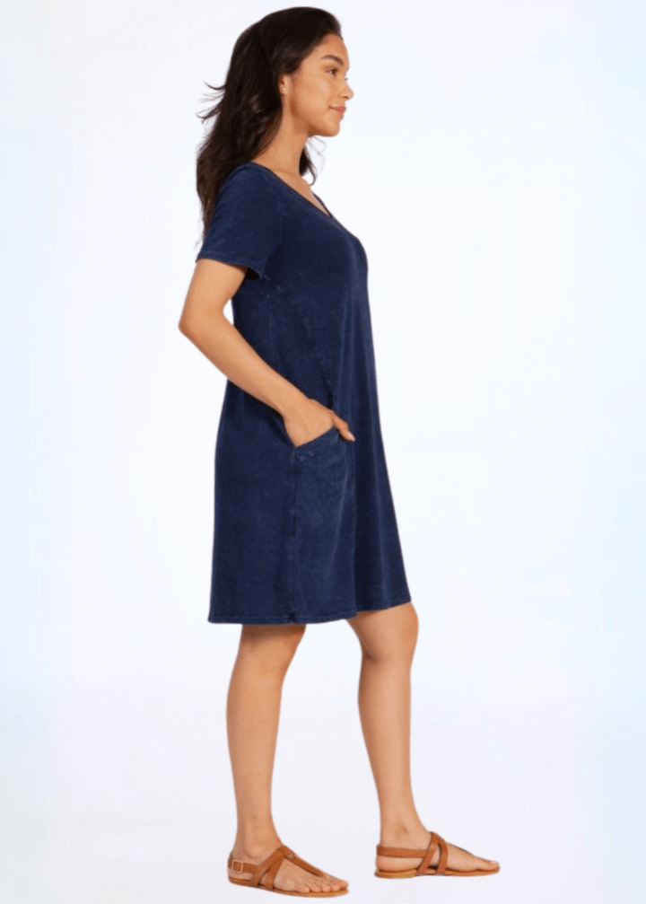 Made in USA Ladies Mineral Washed Casual Cotton V-Neck Short Sleeve Above the Knee Length Dress with Pockets | Style# C60596 | Classy Cozy Cool Women's Made in America Boutique